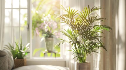 Fototapeta premium Green Plant in a Pot by a Window with Sunlight