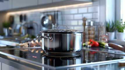 Stainless Steel Pot on Modern Kitchen Stovetop