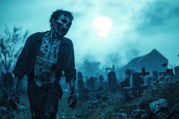Fototapeta premium Zombie walking in cemetery under full moon, horror scene
