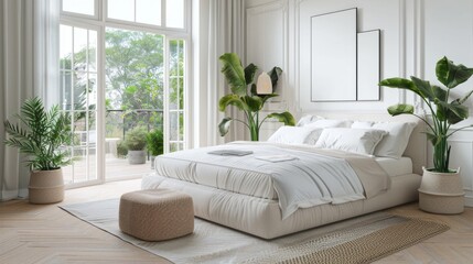 Fototapeta premium Modern Minimalist Bedroom Design with Natural Light and Plants