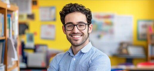 Fototapeta premium Man with glasses is smiling in front of a yellow wall. He is wearing a blue shirt and glasses