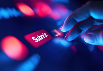 Close-up of a hand pressing a submit button on a digital interface.