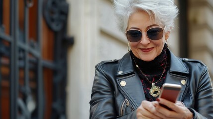 Fototapeta premium A stylish senior woman in sunglasses and a leather jacket, using a smartphone while smiling confidently