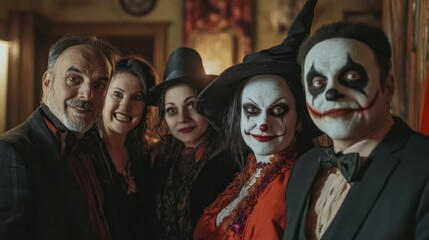 Obraz premium Adult friends having fun at Halloween party. Group shot of happy people dressed up in spooky costumes of witch, devil, clown, corpse bride and vampire standing together, looking at camera and smiling