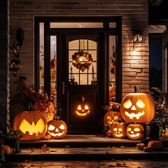 Fototapeta premium A cozy Halloween-themed porch adorned with glowing carved pumpkins and autumn decorations.