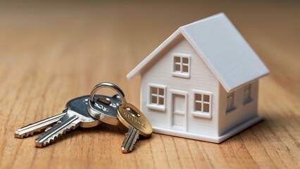 A model house next to a bunch of house keys on a modern wooden table, symbolizing the purchase of a new house, mortgage approval or real estate investment
