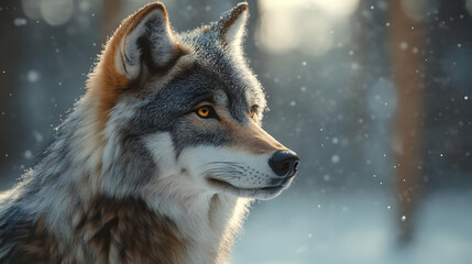 Obraz premium Wolf Portrait in Snowy Forest - Realistic Animal Illustration