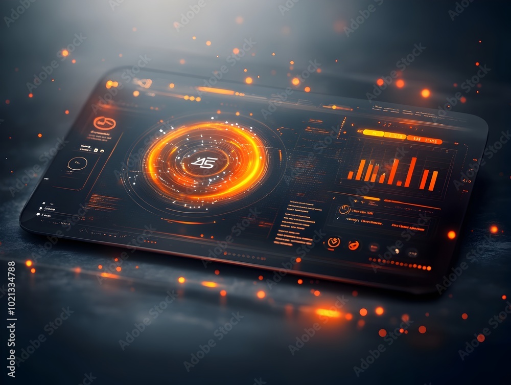 Poster futuristic game background featuring a large holographic data visualization interface with intricate
