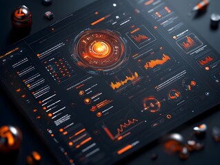 Obraz premium Futuristic Holographic Game Background with Intricate UI Elements and Infographics Gleaming Metallic and Glass Aesthetic Dynamic Lighting Effects and Glowing Accents