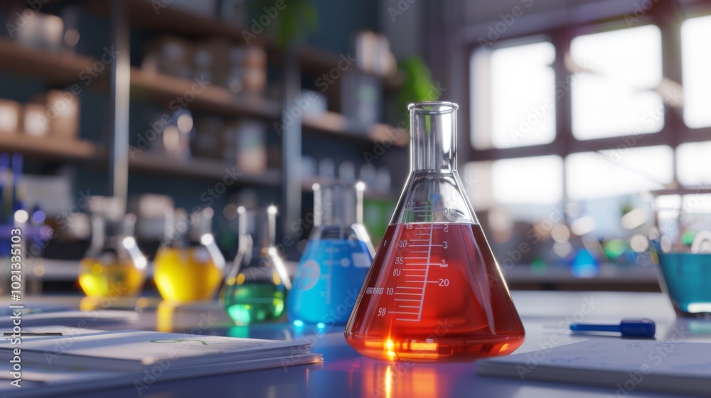 Wall mural close-up of a red liquid in a flask in a science laboratory