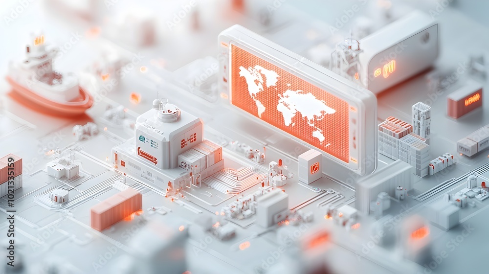 Poster futuristic global distribution network with an interconnected logistics hub featuring ai powered con