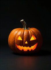 A traditional jack o lantern sits alone on a dark, black background._00001_