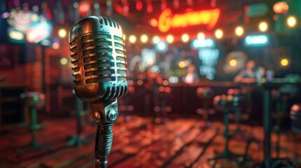 Vintage Microphone on Stage: Live Music Performance in a Bar