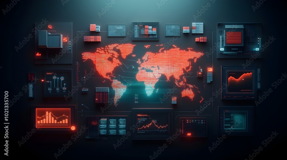 Poster futuristic global distribution network and complex interconnected logistics hub with ai powered cont