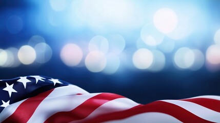 An American flag beautifully displayed on a blue background adorned with bokeh lights, creating a festive atmosphere for USA holiday celebrations. This design offers a copy space banner template, perf