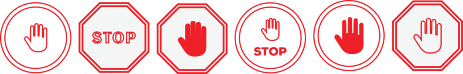 Obraz premium Stop signs set, red traffic car stop hand signal warning symbol.
