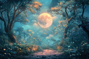 A Mystical Forest Path Under a Full Moon with Glowing Lights