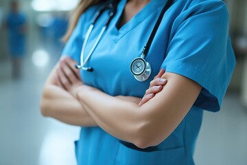 Close-up of a Nurse's Arms Crossed with a Stethoscope Around Their Neck