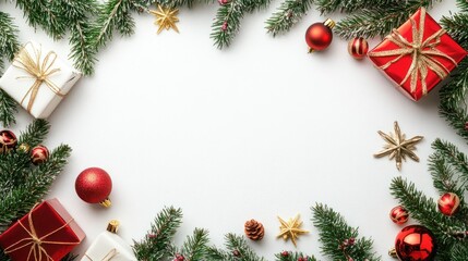 Christmas composition. Frame made of fir tree branches, decorations on pastel gray background. Christmas, winter, new year concept. Flat lay, top view, copy space