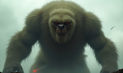 Fototapeta premium A massive, shaggy creature towers above, its piercing red eyes fixed intently on something in the distance._00012_