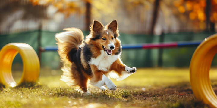 Energetic Shetland Sheepdog Navigating Agility Course on Sunny Autumn Day