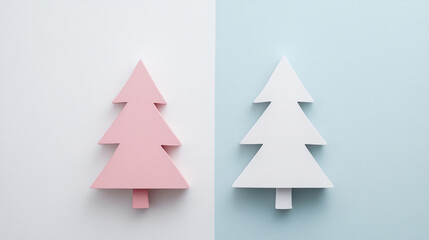 Fototapeta premium Exquisitely Beautiful Minimalist Pink and White Christmas Trees Set Against a Dual Background Design