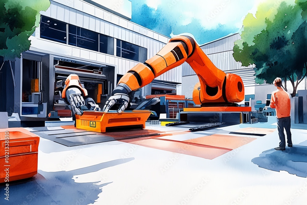 Poster Watercolor scene of a futuristic factory where robots and humans collaborate, with soft washes of color highlighting the technological advancements in tomorrowâ€™s workforce