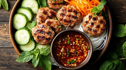 A detailed top-down view of a traditional Vietnamese Bun Cha dish, featuring grilled pork patties with char marks, a bowl of tangy dipping sauce, and a generous serving of vermicelli noodles.