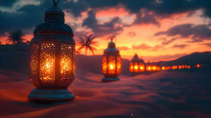 Ornate Lanterns in Desert Sunset - 3D Illustration