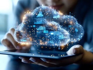 Hands holding tablet with digital cloud computing interface and data analytics visualization