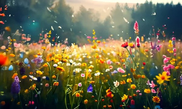 A painting of a field of flowers with a bright blue sky in the background Video