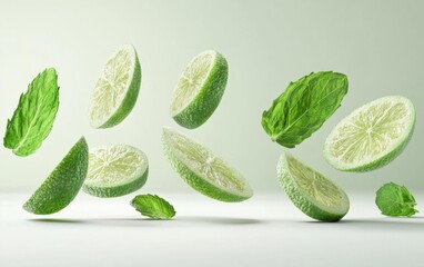 Obraz premium Floating lime and mint slices isolated on a light background perfectly captured in mid-air for culinary cocktail or refreshing drink designs ideal for food and beverage creatives.. Generative AI