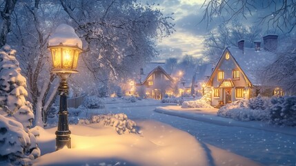Snow-covered street at dusk with warmly lit cottages and a vintage streetlamp in a serene winter wonderland