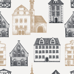 European city architecture background. Vintage houses seamless pattern. Old buildings hand-drawn vector illustration. Architectural design.  NOT AI generated