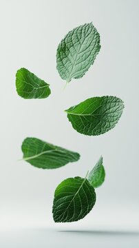 Falling perilla leaves isolated on a white background in mid-air. Generative AI