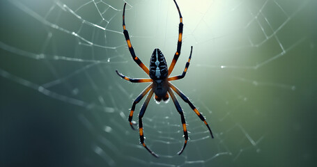 Obraz premium A dark spider web stands out against a light-colored background._00018_