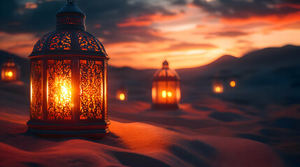 Ornate Lantern in Desert Landscape with Sunset 3D Illustration