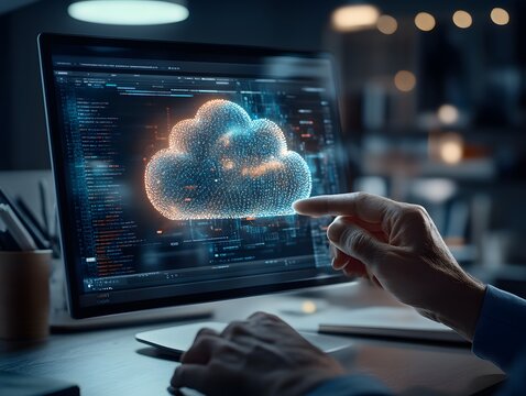 Hand interacting with cloud computing interface on desktop screen with coding and data visualization