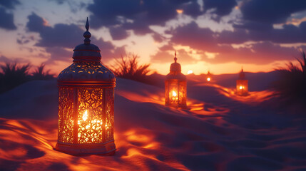 Fototapeta premium Ornate Lanterns Glowing in the Desert at Sunset - 3D Illustration