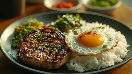A high-definition close-up shot of a Com Tam plate, focusing on the juicy grilled pork chop, the runny yolk of the fried egg, and the delicate texture of the broken rice.