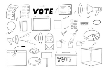 Fototapeta premium Election line icons vector isolated illustration clip art painted by black inks. Ballot box, bulletin, loudspeaker, envelope, diagram, letter set for brochure, promotional, presentation, poster
