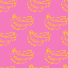 Fototapeta premium Banana pink yellow seamless pattern, doodle, sketch drawing style, packaging design, wrapping paper, vector background