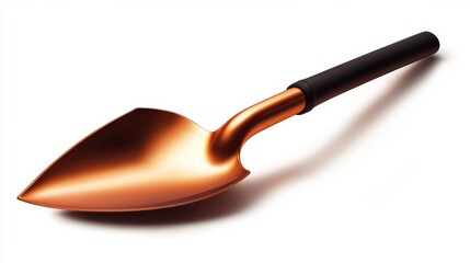 Garden shovel with copper finish and ergonomic black handle essential tool for gardening and planting on a white background. Generative AI