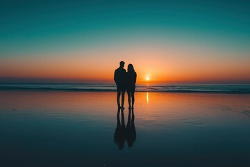 Fototapeta premium Silhouette of a Couple on a Beach at Sunset