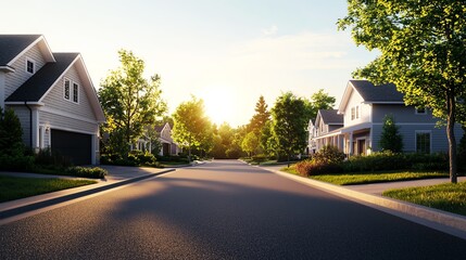 Naklejka premium Serene suburban street at sunset, lined with houses and lush trees, creating a peaceful and inviting atmosphere.