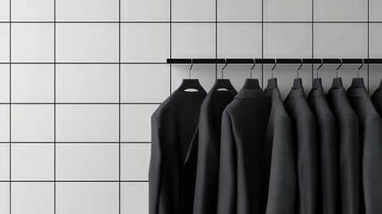 Modern Monochrome Elegance - High-Quality Product Photography of Black and Gray Dress Clothes on Display Against White Wall with Cinematic Lighting