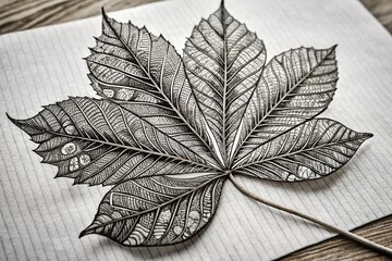 Detailed Ohio Buckeye Leaf Sketch Featuring Intricate Patterns and Natural Textures in Black and White