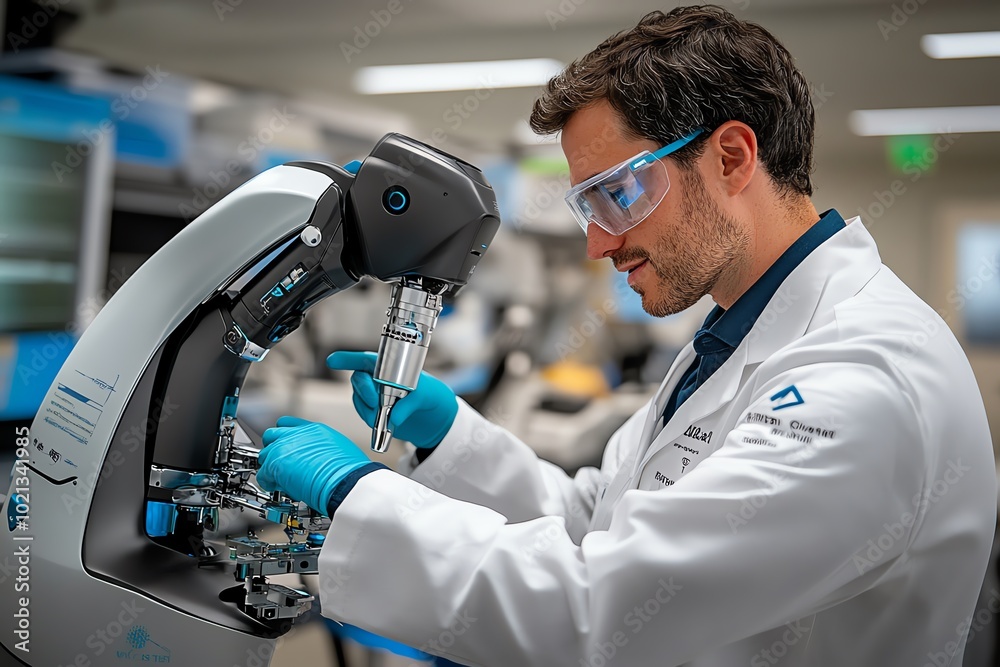 Aufkleber a scientist working with advanced robotic tools in a futuristic laboratory, conducting experiments r