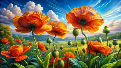 Obraz premium Detailed Poppy Leaves Drawing - Botanical Illustration for Nature Lovers and Art Enthusiasts, Perfect for Creative