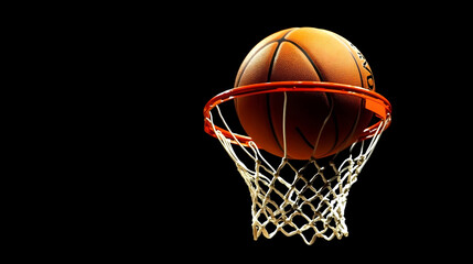 Close-up of a basketball making its way through the hoop, captured against a dark background, emphasizing the action and focus of the game